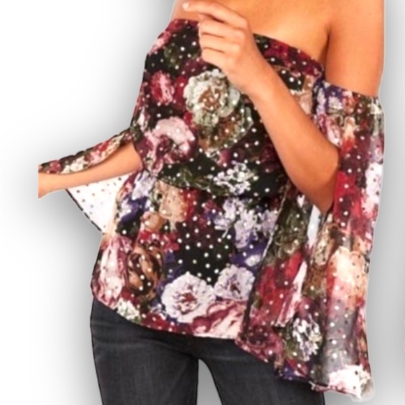 Express Off-the-Shoulder Elastic Waist Floral Gold Dot Top Blouse Size Medium - Picture 2 of 7